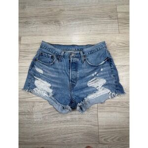 Levis 501 Original High Rise Distressed Denim Shorts Medium Wash Blue Womens W28